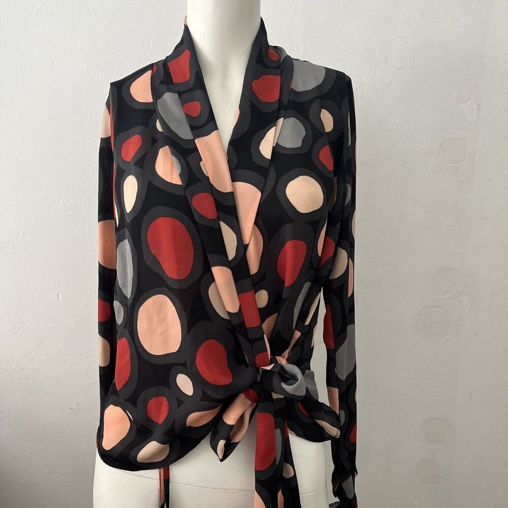 Funky Artsy Wrap Top Blouse Sz S Colorful Art Teacher Statement Polka Dots Bold